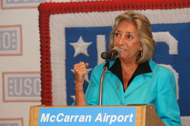 U.S. Rep. Dina Titus (D-Nev.) celebrates the new construction of the USO lounge while speaking during the groundbreaking ceremony in Terminal 1 at McCarran International Airport on Wednesday, August 18, 2010.