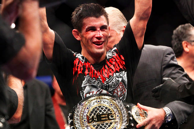 Dominick Cruz celebrates after beating Joseph Benavidez by split decision at WEC 50 inside The Pearl at The Palms Wednesday, August 18, 2010.