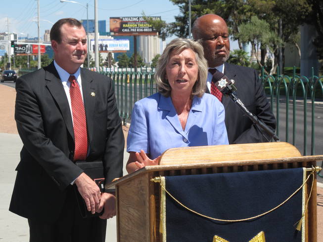 Metro Police Capt. Brett Primas, U.S. Rep. Dina Titus and House Homeland Security Chief Bennie Thompson announce the Las Vegas launch of the national "See Something, Say Something" campaign. The terrorism prevention campaign asks Las Vegas residents and workers to report suspicious activities that could be terrorism-related.