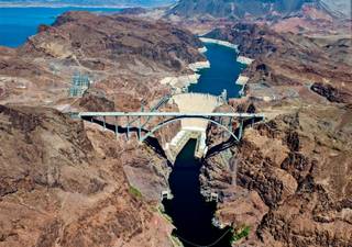 A bird's-eye view of Hoover Dam and the Hoover Dam Bypass.