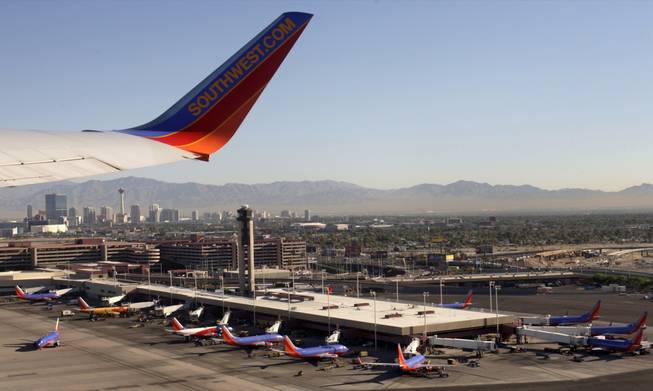 A Southwest Airlines jet takes off from McCarran International Airport. 