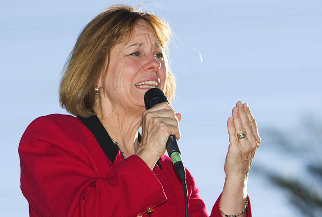 Republican Senate candidate Sharron Angle speaks during a Nevada Tea Party Patriots event near Durango Drive and the 215 Beltway on Wednesday, Sept. 1, 2010.