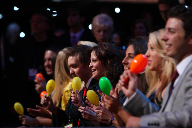 Jerry Lewis' daughter Danielle, 18, center, and family members shake maracas during Charo's performance on the 45th Annual Jerry Lewis MDA Labor Day Telethon on Sunday night at South Point.