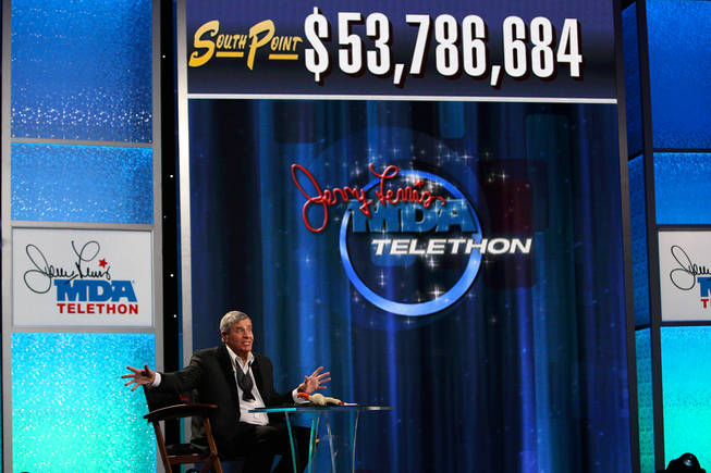 Jerry Lewis reacts with shock when the tally raises above $53 million Monday afternoon during the final hour of the 45th Annual Jerry Lewis MDA Labor Day Telethon at the South Point.