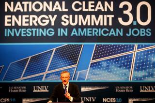Sen. Harry Reid delivers the opening speech during the third annual National Clean Energy Summit Tuesday at the Cox Pavilion on the UNLV campus.