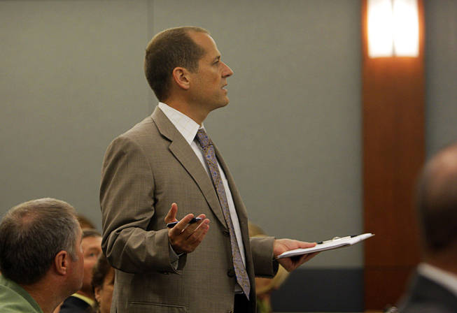Ross Goodman, attorney for the Scott family, speaks to the court during a coroner's inquest for Erik Scott at the Regional Justice Center Friday, September 24, 2010. 