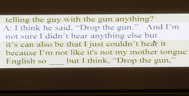 A portion of a transcript from a recorded interview with Lisa Holzgruber, a foreign exchange student, is displayed during a coroner's inquest for Erik Scott at the Regional Justice Center Friday, September 24, 2010. 