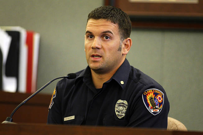 Clark County firefighter Chris Thorpe testifies during a coroner's inquest for Erik Scott at the Regional Justice Center Monday, September 27, 2010. Scott was shot and killed by Metro Police Officers at the Summerlin Costco store on July 10.