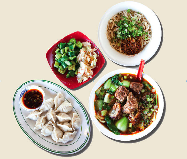 (Clockwise from top left) Taiwan Deli's spicy salad, dry noodles with spicy peanut sauce, spicy beef noodles and dumplings