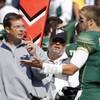 Colorado State quarterback Pete Thomas, right, discusses strategy with Rams coach Steve Fairchild during the team's 27-0 loss to TCU in Fort Collins, Colo., on Oct. 2, 2010.