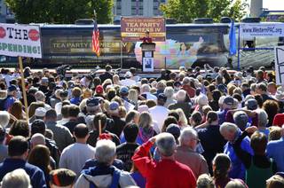 Former Alaska governor Sarah Palin speaks to the crowd during the kickoff of the nationwide Tea Party Express bus tour in Reno on Monday, Oct. 18, 2010. 