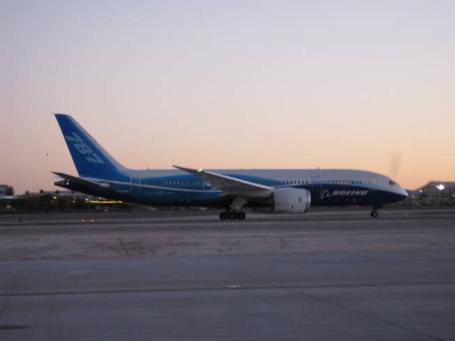 A Boeing 787 Dreamliner, made with composite plastics instead of metal, was sighted on a test flight over Las Vegas.