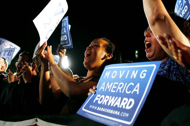 Supporters cheer during President Barack Obama's speech outside Orr Middle School at a "Moving America Forward" rally Friday, October 22, 2010.
