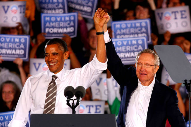 Sen. Harry Reid introduces President Barack Obama for a speech outside Orr Middle School at a "Moving America Forward" rally Friday, October 22, 2010.