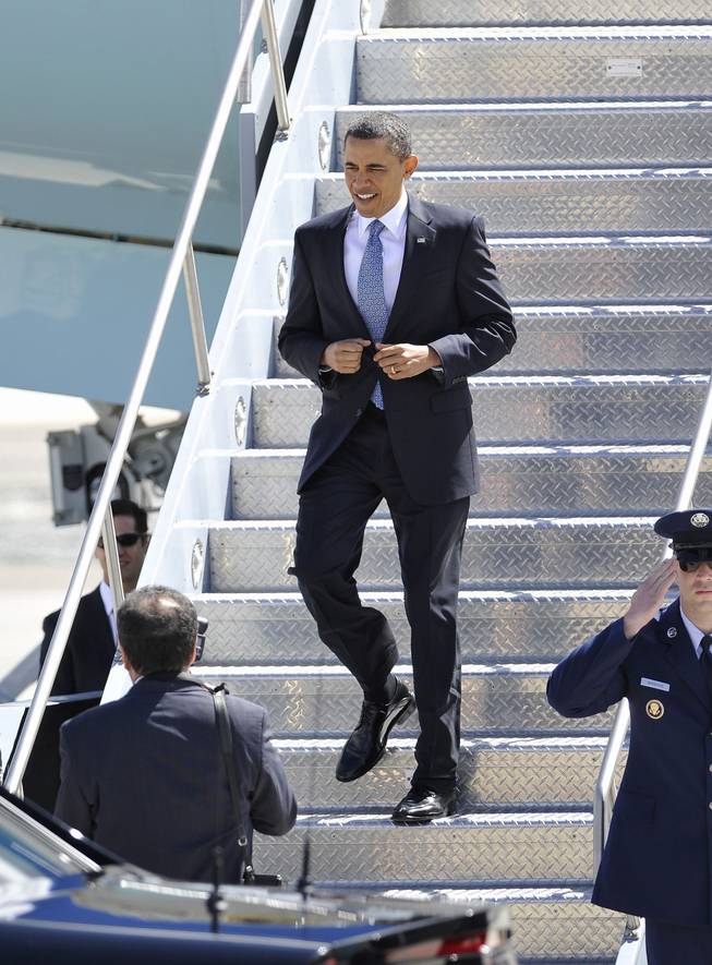 President Barack Obama arrives in Reno, Thursday, April 21, 2011. The president plans to speak at an invitation-only town hall meeting at the offices of ElectraTherm, a small renewable energy company based in Reno. 