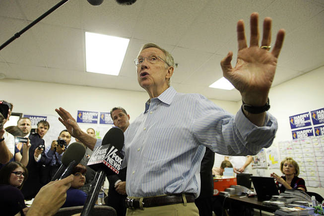 Senate Majority Leader Harry Reid speaks to reporters during a stop at his campaign headquarters in Summerlin Tuesday, November 2, 2010.
