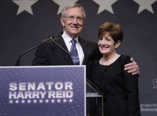 Senate Majority Leader Harry Reid, with his wife Landra, gives a victory speech during a Democratic election party at Aria on Tuesday, Nov. 2, 2010. 