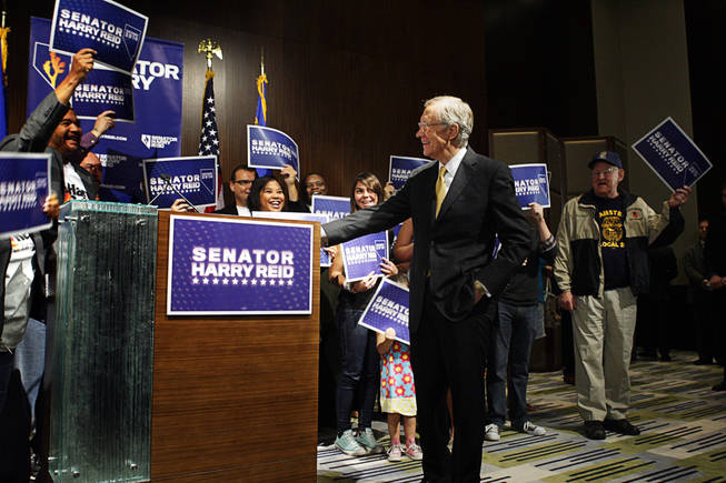 Supporters cheer Senate Majority Leader Harry Reid during a news conference at Vdara Wednesday, November 3, 2010. 