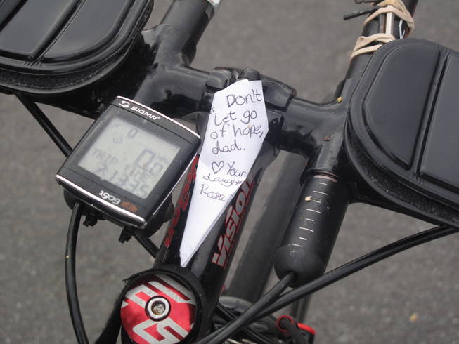 One athlete's bike included an encouraging message from his daughter. This marked the sixth-annual Nevada Silverman Triathlon in Henderson.