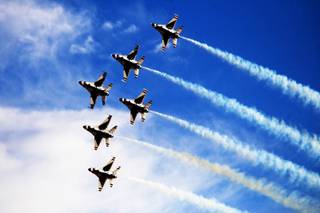 The U.S. Air Force Thunderbirds perform Saturday during the annual Aviation Nation air show at Nellis Air Force Base.
