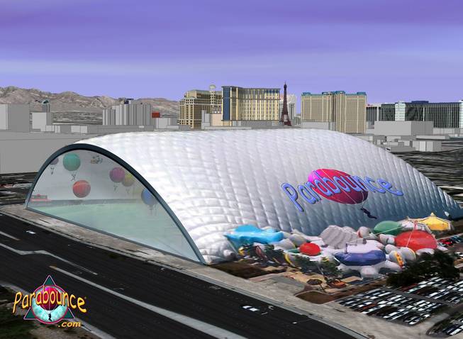 Concept art for Parabounce Vegas, pictured here, showcases the 100,000-square-foot facility near the Strip that would allow visitors to power helium balloons hundreds of feet in the air. Stephen Meadows, the concept's inventor, hopes to debut Parabounce Vegas in 2011.