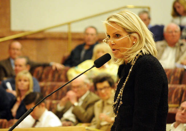 Kathleen McCrone Newton, Wayne Newton's wife, speaks on behalf of an application that would open their 40-acre Las Vegas ranch up to the public during a Clark County zoning meeting on Wednesday, Nov. 17, 2010.