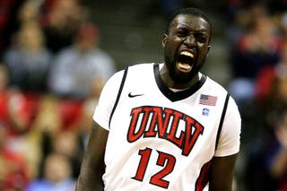 UNLV forward Brice Massamba celebrates a play during the first half of their game against Souteastern Louisiana Wednesday, November 17, 2010.