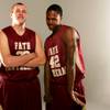 Faith Lutheran basketball players, from left, Brett Lube and Greg Thomas.