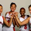 Liberty basketball players Amanda Delgado, Chanel Nacua, Jade Washington and Destiny Whitehead.