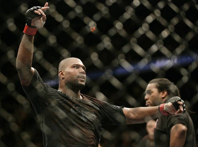 Quinton Jackson celebrates after his light heavyweight mixed martial arts match against Lyoto Machida at UFC 123 on Saturday in Auburn Hills, Mich. Jackson defeated Machida on a split decision.