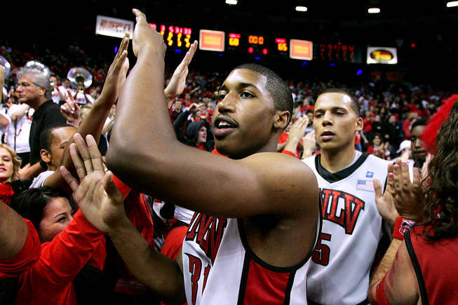 Justin Hawkins celebrates UNLV has 68-65 victory against Wisconsin in 2010 at the Thomas & Mack Center. Hawkins' steal on the final play of the game gave the Rebels the narrow victory.