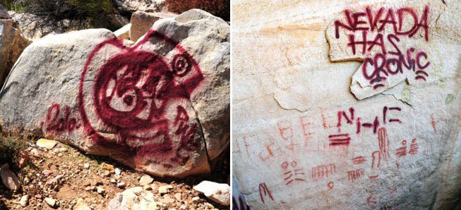 Damage is shown after vandals used spray paint on historic rock art panels at Red Rock Canyon. 