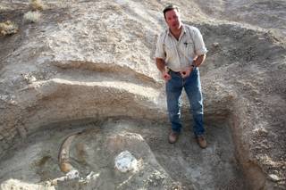 Eric Scott, a paleontologist from San Bernardino County Museum, talks Thursday, Dec. 2, 2010, about a partially unearthed Columbian Mammoth tusk in the proposed Tule Springs National Monument area in the north Las Vegas Valley.