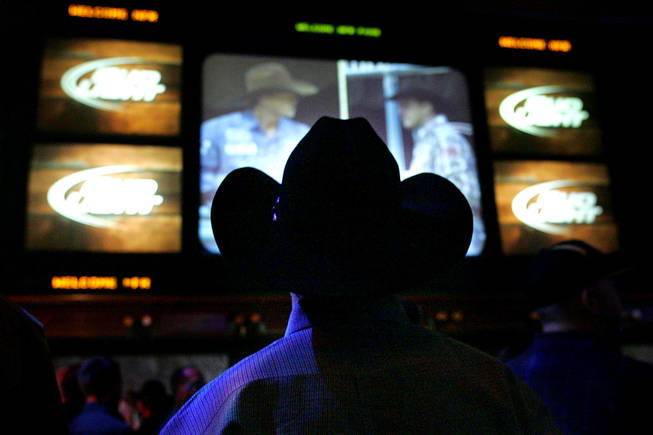 A re-broadcast of the evening's rodeo is shown during an after party at the Mirage sports book following the first go round of the National Finals Rodeo Thursday, December 2, 2010.