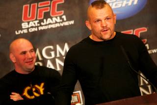 Chuck Liddell speaks with Dana White in the background during the UFC 125 pre-fight press conference Wednesday, December 29, 2010 at MGM Grand. It was announced that Liddell was retiring from fighting and is joining the UFC as one of its VPs.