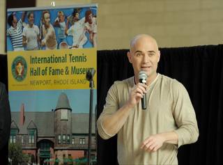 Andre Agassi attends a press conference, announcing his induction into the International Tennis Hall of Fame and Museum, at the Andre Agassi College Preparatory Academy on Jan. 20, 2011.