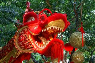 A Chinese dragon, a Chinese New Year decoration, hangs in the trees at Wynn Las Vegas on Sunday, Jan. 23, 2011. Chinese New Year, the Year of the Rabbit, begins Feb. 3.