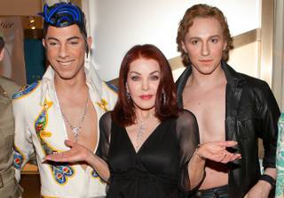 Priscilla Presley and Viva Elvis cast members at the Cartier VIP reception at MGM CityCenter's Crystals for Nevada Ballet Theatre's 27th Annual Black and White Ball on Jan. 29, 2011. Priscilla Presley was honored as NBT's Woman of the Year.