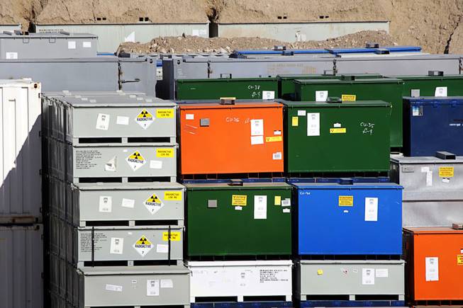 Containers are stacked in a low-level radiation waste cell in the Area 5 Radioactive Waste Management Site of the Nevada National Security Site (N2S2), previously the Nevada Test Site, about 65 miles northwest of Las Vegas on Feb. 1, 2011. 