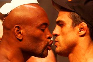 Anderson Silva and Vitor Belfort talk trash during the weigh-in for UFC 126 on Friday, Feb. 4, 2011, at Mandalay Bay Events Center.