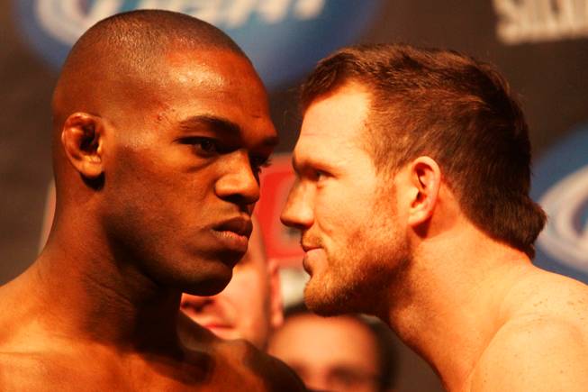 Jon Jones and Ryan Bader face off during the weigh-in for UFC 126 on Friday, Feb. 4, 2011, at Mandalay Bay Events Center.