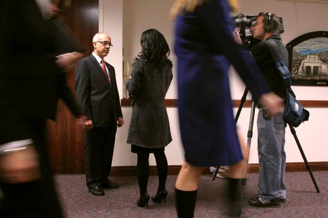 Sen. Mo Denis gives an interview in the hallway of the Legislative Building during the first day of the 2011 legislative session Monday, February 7, 2011 in Carson City.