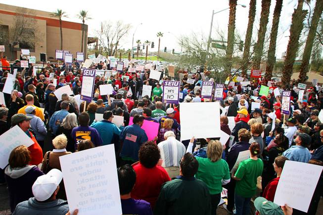 Hundreds of union members attend a rally at the Grant Sawyer Building Monday, February 21, 2011. Nevada union members held rallies in Las Vegas and Carson City to show their support for union workers in Wisconsin who are fighting to keep their collective bargaining rights.