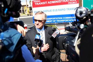 Sen. Harry Reid speaks with the media during the groundbreaking for the Sahara bus rapid transit line at the Gaudin Ford dealership in Las Vegas Thursday, February 24, 2011.