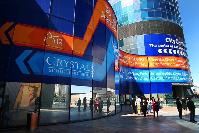A building wrap, starting at the base of the Harmon, points pedestrians to CityCenter and the Crystals mall Monday, Feb. 28, 2011.