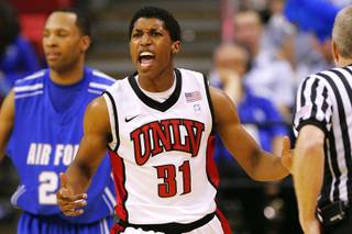 UNLV guard Justin Hawkins celebrates a play against Air Force during their Mountain West Conference Championship game Thursday, March 10, 2011 at the Thomas & Mack Center. UNLV won the game 69-53.