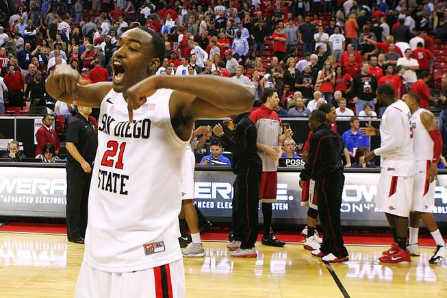 San Diego State guard Jamaal Franklin celebrates after their Mountain West Conference Championship game against UNLV Friday, March 11, 2011 at the Thomas & Mack Center. San Diego State won 74-72 and will play BYU in the finals on Saturday.