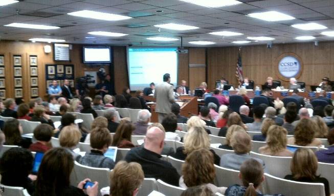 People pack a Clark County School Board meeting Thursday, March 24, 2011, to hear details of a proposed budget that would cut $411 million from the district, resulting in layoffs, pay cuts and increased class sizes.