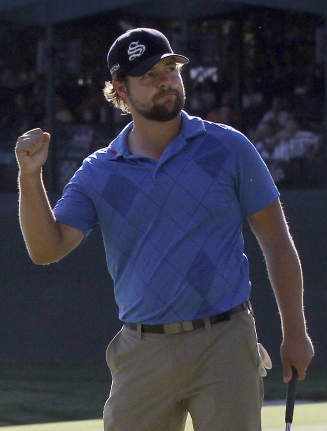 Ryan Moore gives a celebratory fist pump after sinking a putt at a recent tournament. Bettors backing Moore to make the cut at the Masters will have a similar reaction. 
