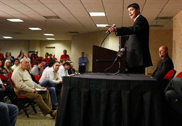 New UNLV head basketball coach Dave Rice points to players as he speaks during an introductory news conference Monday, April 11, 2011. 